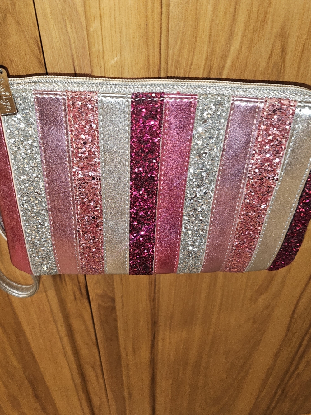 Glitter Striped Wristlet Clutch in Pink, Silver & Rose Tones